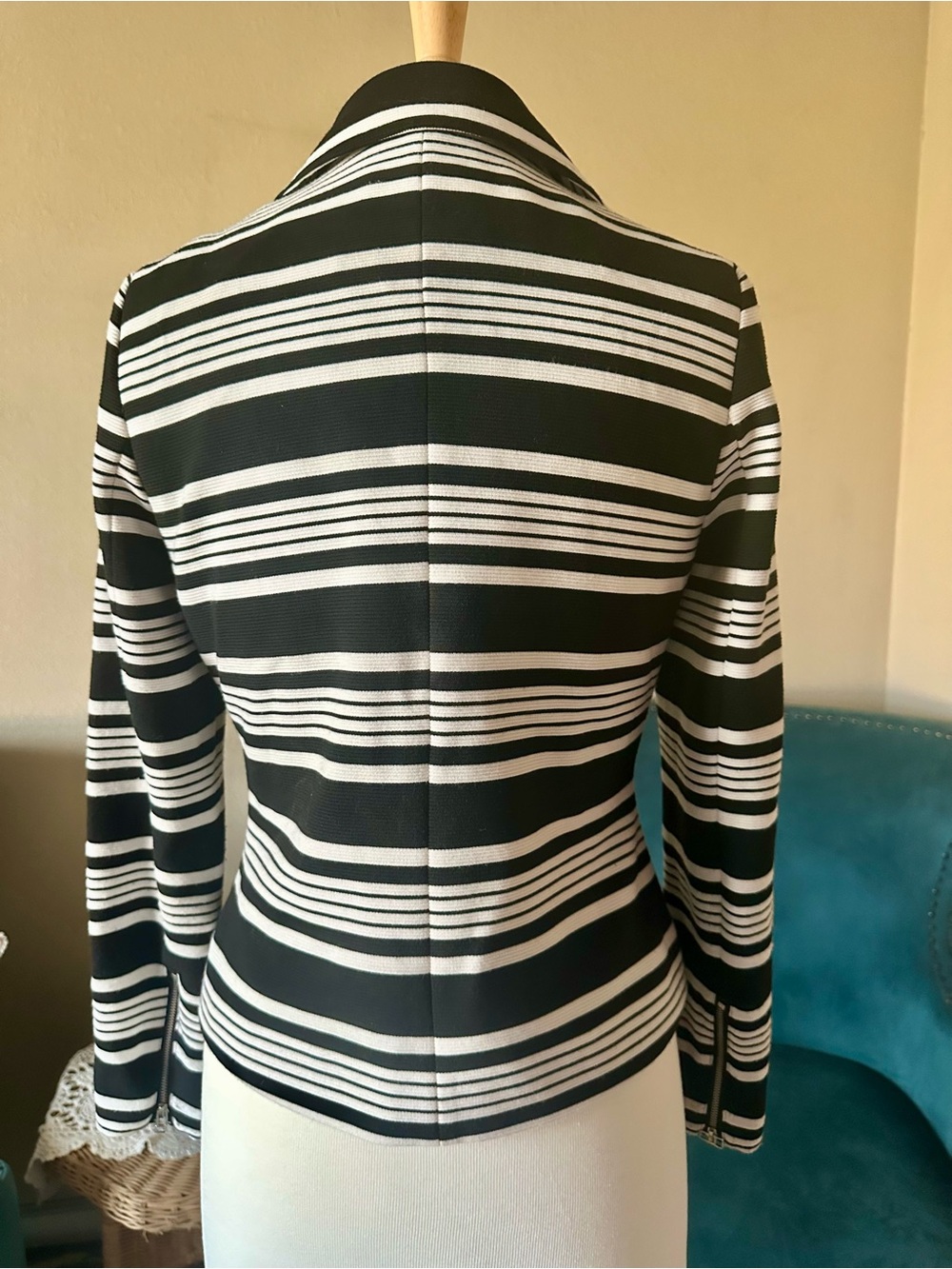 Bagatelle Moto Jacket Black White Striped Asymmetrical Zip Knit Blazer S - Picture 5 of 12